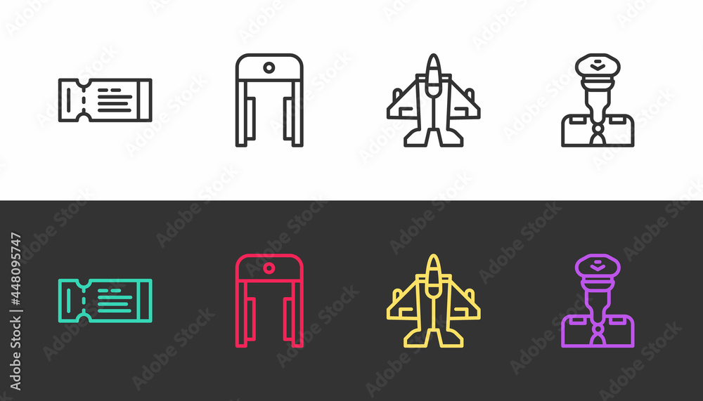Set line Airline ticket, Metal detector airport, Jet fighter and Pilot on black and white. Vector Set line Airline ticket, Metal detector airport, Jet fighter and Pilot on black and white. Vector