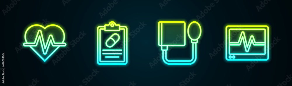 Set line Heart rate, Medical prescription, Blood pressure and Monitor with cardiogram. Glowing neon icon. Vector