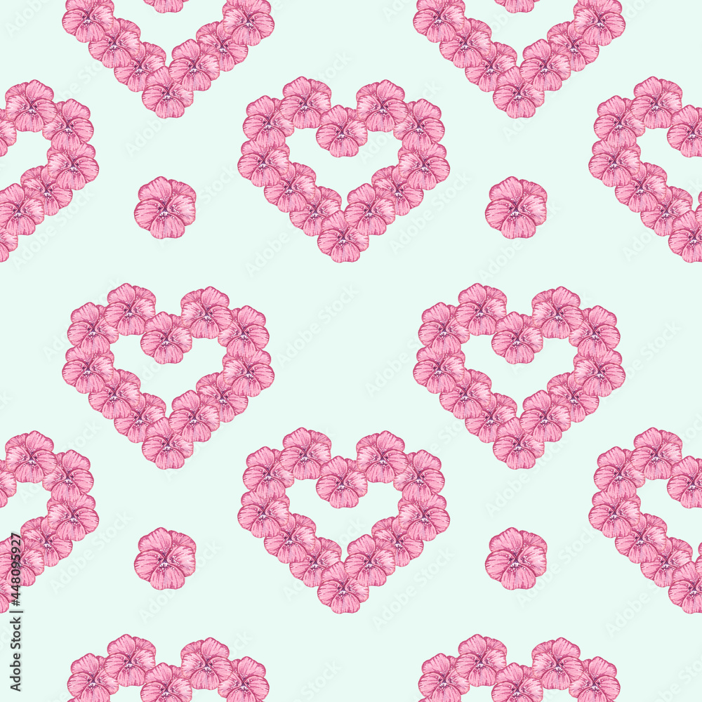 Watercolor pattern with hearts made of pansies