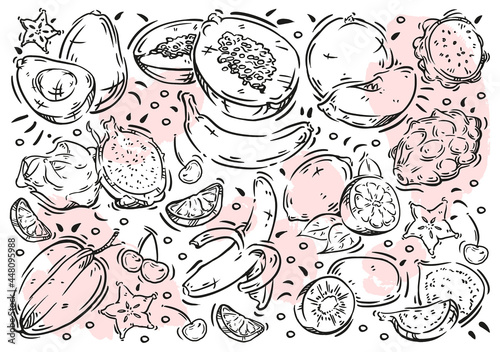 Hand drawn vector illustration food on white board. Doodle line exotic fruits and berries  avocado  kiwi  banana  strawberry  papaya  pitaya  carambola  lemon  cherry  fig