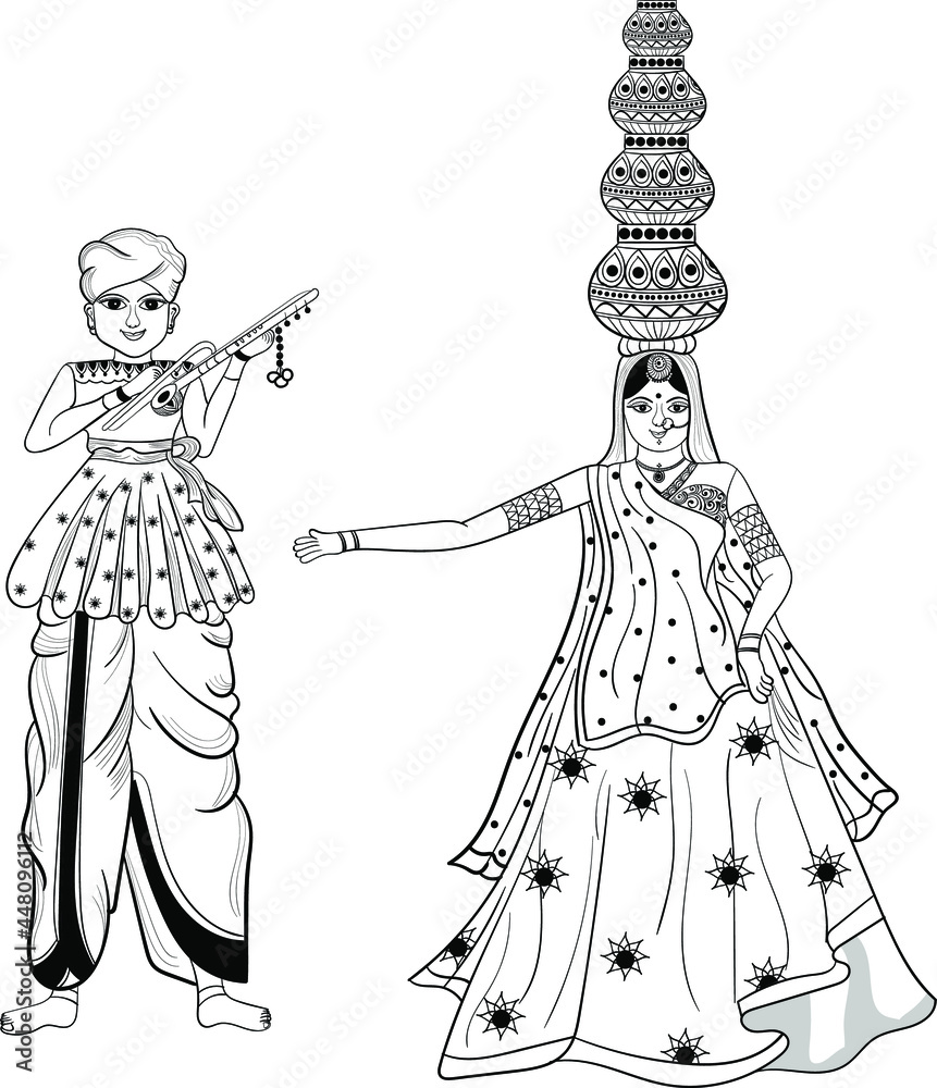 Indian wedding clip art of old ancient style wedding game Kathputli, man  and women with water pots on her head black and white line drawing clip art  illustration. Stock Vector | Adobe