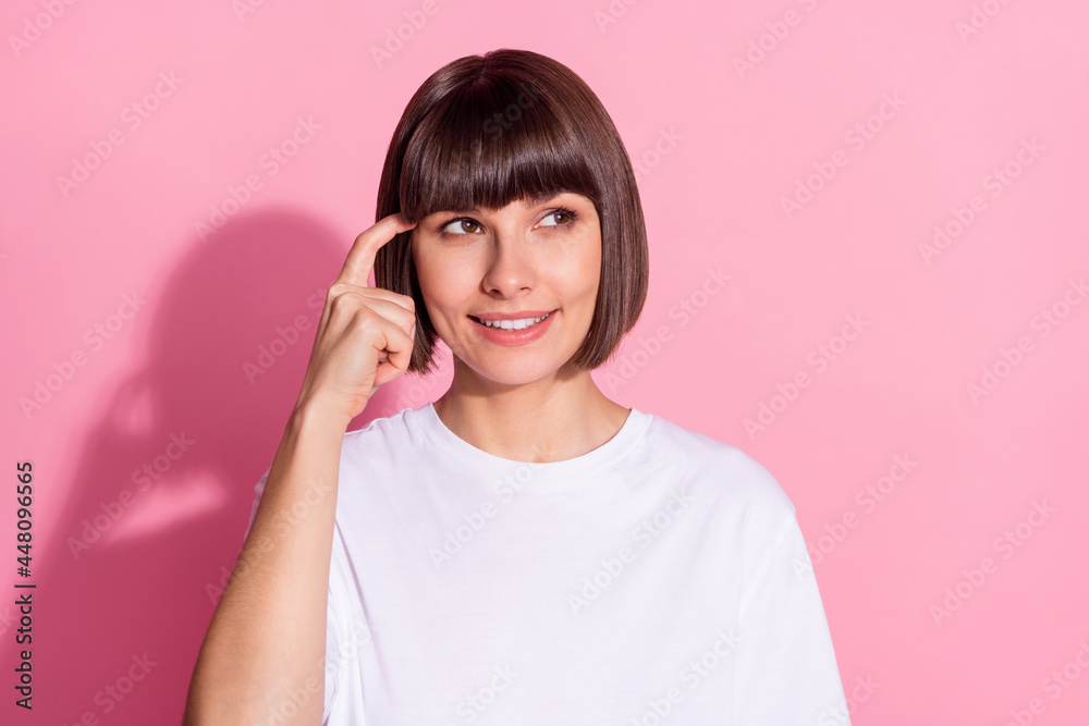 Portrait of attractive cheery bewildered girl creating solution overthinking copy space isolated over pink pastel color background Portrait of attractive cheery bewildered girl creating solution overthinking copy space isolated over pink pastel color background