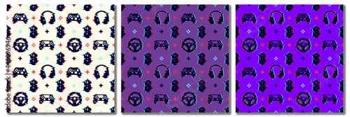Seamless pattern with video game elements. Glitch style. Vector illustration.