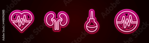 Set line Heart rate, Human kidneys, Enema and . Glowing neon icon. Vector