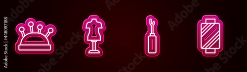 Set line Needle bed and needles, Mannequin, Awl tool and Sewing thread on spool. Glowing neon icon. Vector