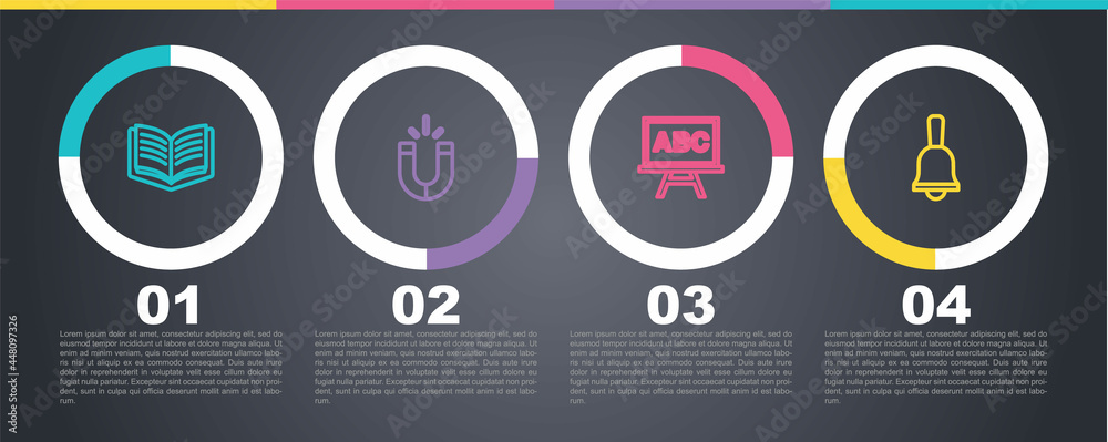 Set line Open book, Magnet, Chalkboard and Ringing bell. Business infographic template. Vector Set line Open book, Magnet, Chalkboard and Ringing bell. Business infographic template. Vector