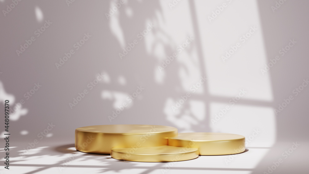 3D rendering of Three gold podiums for displaying products in a white room and window shadow background. Mockup for show product.