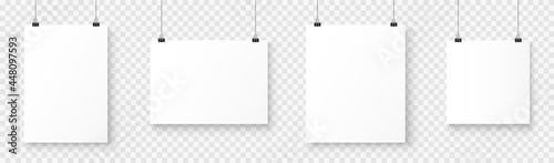 Vector realistic white blank A4 paper poster hanging on a rope with clip - stock vector.