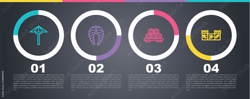 Set line Japanese umbrella from the sun, Fish steak, Sushi on cutting board and Great wall of China. Business infographic template. Vector Set line Japanese umbrella from the sun, Fish steak, Sushi on cutting board and Great wall of China. Business infographic template. Vector