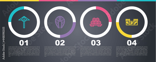 Set line Japanese umbrella from the sun, Fish steak, Sushi on cutting board and Great wall of China. Business infographic template. Vector