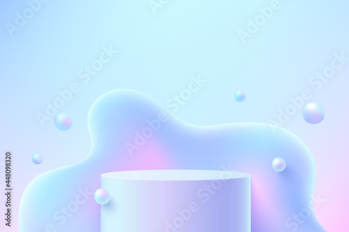 Abstract 3D blue cylinder pedestal or stand podium with blue hologram color fluid liquid backdrop. Pastel blue minimal wall scene for product display presentation. Vector rendering platform design.