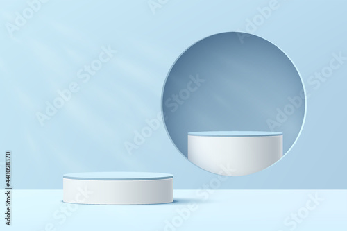 Abstract 3D white cylinder pedestal podium with blue podium in hole on the wall. Pastel blue minimal scene with lighting for product display presentation. Vector geometric rendering platform design.