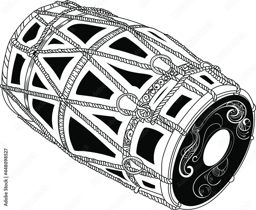 INDIAN MUSIC INSTRUMENT DHOLAK OR DHOL VECTOR LINE ART DRAWING BLACK