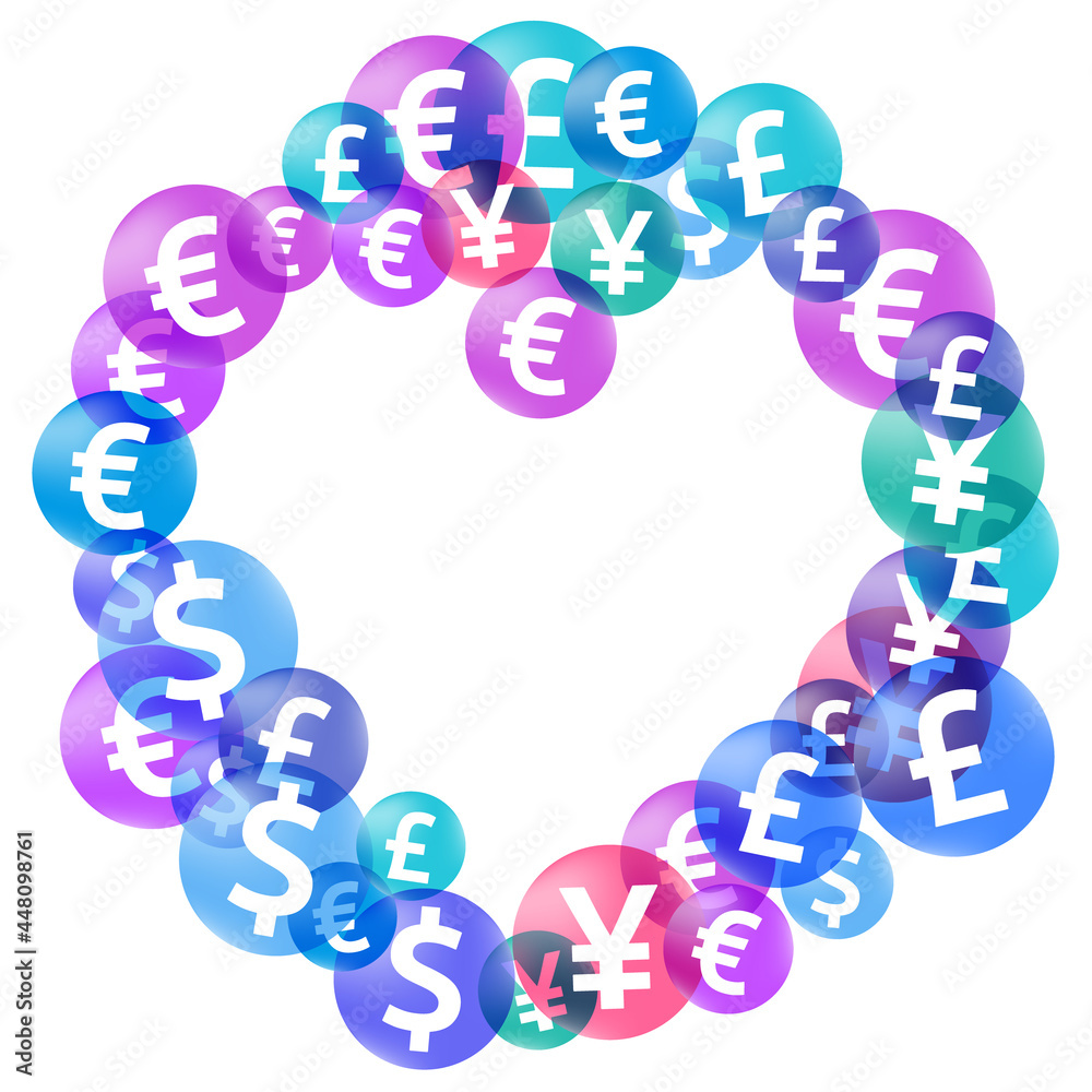 Euro dollar pound yen circle icons scatter currency vector background. Finance backdrop. Currency