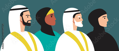 Islamic people, religion islam, flat vector stock illustration with arabic sheikh and dishdasha, gandurah, hijab photo