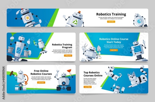 Set of robotics courses training vector household machine service support promo landing page
