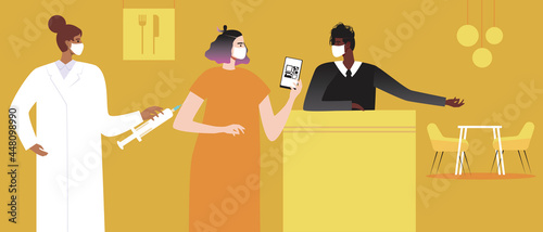 Vaccination for visiting a restaurant, QR code in the phone, Flat vector stock illustration with Doctor with syringe, vaccine and vaccinated service