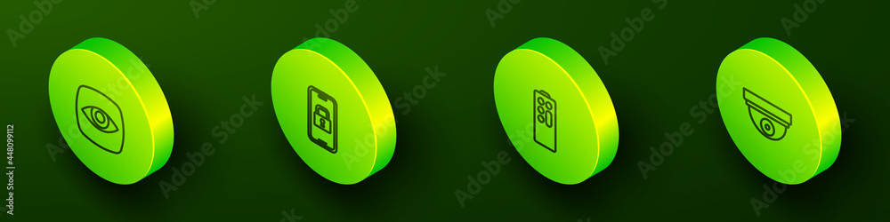 Set Isometric line Security camera, Digital door lock, Remote control and Motion sensor icon. Vector Set Isometric line Security camera, Digital door lock, Remote control and Motion sensor icon. Vector