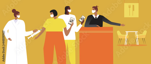 Couple getting vaccinated, restaurant for vaccinated, flat vector stock illustration with doctor vaccinating and QR health passport