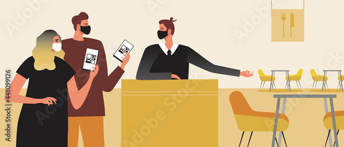 Couple with QR code booking in a restaurant, flat vector stock illustration with food with qr health passport in a restaurant