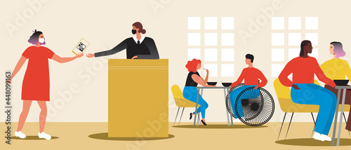 Hostess meets visitor, online restaurant reservation, flat vector stock illustration with QR code as health passport and People in medical masks