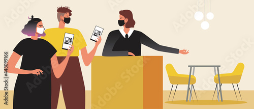 LGBTQ couple with QR code, restaurant reservation, flat vector stock illustration with food for vaccinated in face masks