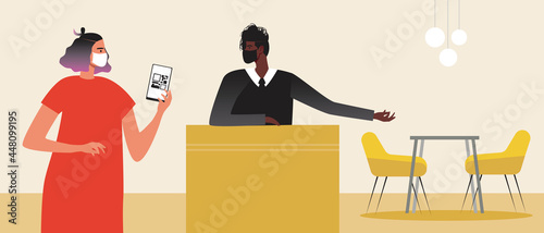Restaurant for the vaccinated, QR code, flat vector stock illustration with the vaccinated visitor of cafe, restaurant