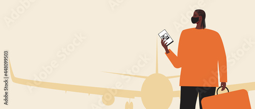 Afro man at airport, copy space with e-ticket, flat vector stock illustration or overlay template with passenger in face mask with QR code