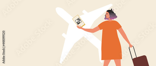 Airport health passport, copy space template, flat vector stock illustration or overlay template with QR code after vaccination and vaccinated passenger