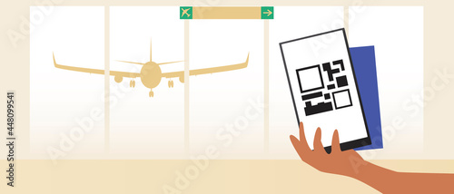 Airport landing e-ticket, copy space template, flat vector stock illustration or overlay template with hand of vaccinated passenger