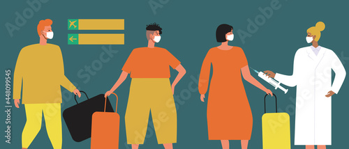 Airport vaccination queue, health passport, Flat vector stock illustration with doctor with syringe, QR code for vaccinated at the airport