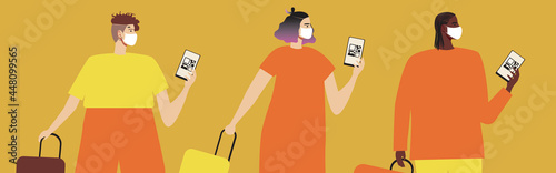 Boarding Queue with Electronic Ticket, Flat Vector Stock Illustration with Health Passport after Vaccination and People Traveling at the Airport
