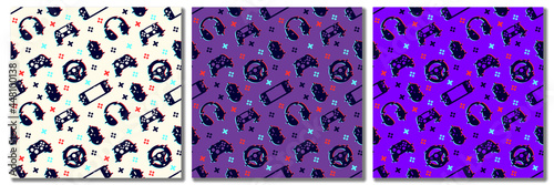 Seamless pattern with video game elements. Glitch style. Vector illustration.