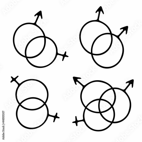 Doodle gender symbols set. Outline male and female signs isolated on white background. Man and woman love combinations. LGBT, gay, polyamory, pride, heterosexual, bisexual icons. Vector illustration