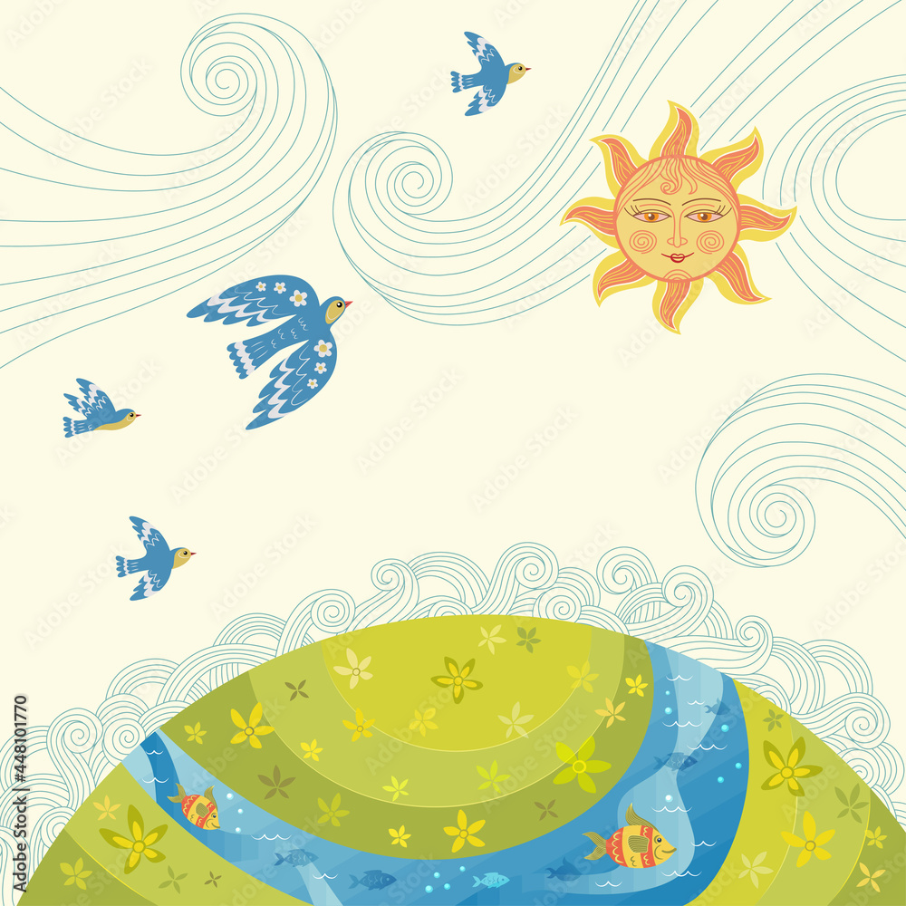 Nature care awareness concept. Vector eco illustration for social poster, banner or card on the theme of saving the environment. ECO background. Landscape, the Sun, decorative birds, plants and fish.