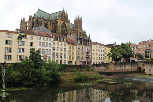 river moselle, buildings and saint-etienne cathedral in metz in lorraine (france)