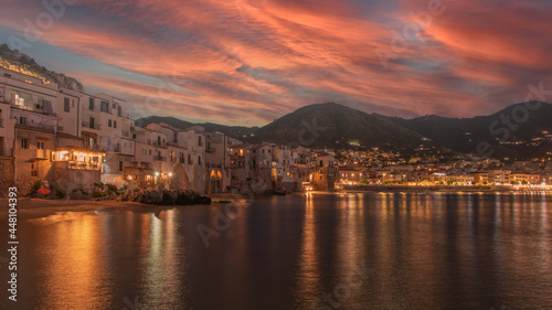 night view of famous little town Cefalù, Siciliy, Italy - Travel concept.
