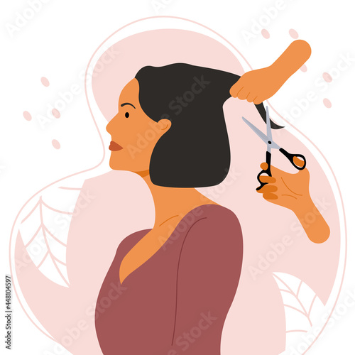 Brunette woman with bob hair in the salon for a haircut. Vector flat illustration.