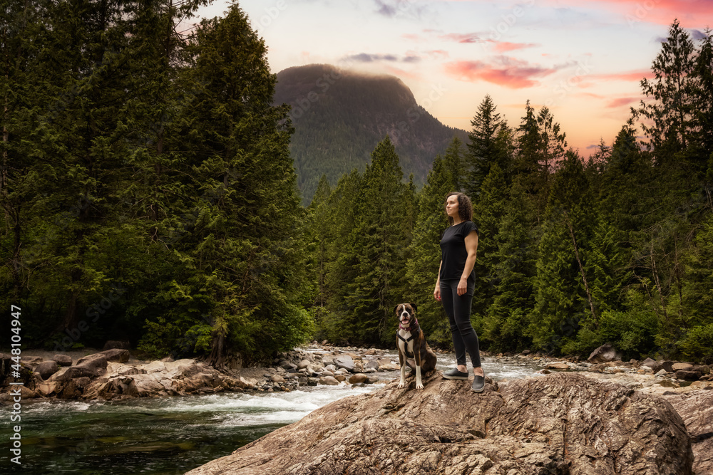 White Caucasian Adult Woman hiking with Boxer Dog in the Canadian Nature. Sunset Sky Art Render. Golden Ears Provincial Park, Maple Ridge, Greater Vancouver, British Columbia, Canada.