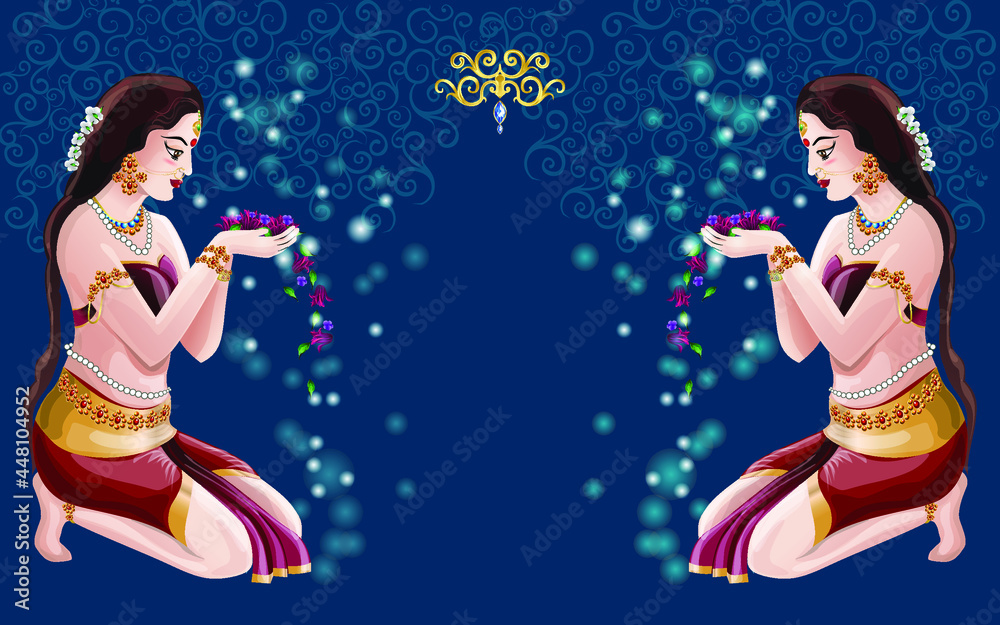 Indian Woman Welcoming With Flower In Vector On Blue Background