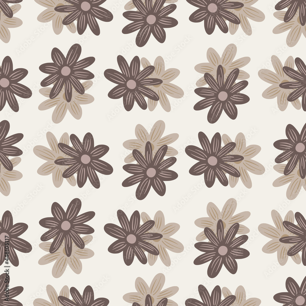 Seamless pattern with beige random daisy flowers ornament. Nature background. Field natural print.