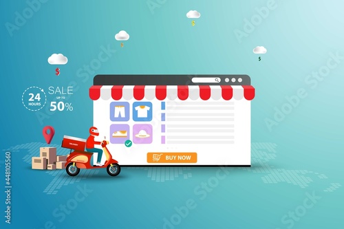 Concept of online shopping, delivery man riding a scooter in front of a big screen of web browser that contain list of products in green color background.