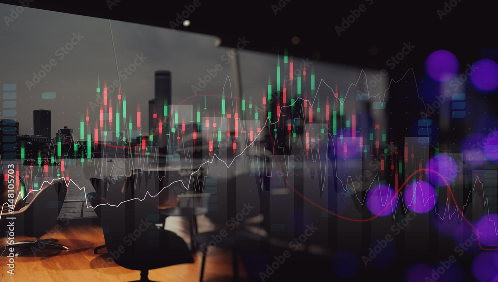 City view for finance investor with trading graph growth, Stock market, Banking and financial, Digital economy and cryptocurrency on exposure background.Financial investment concept.