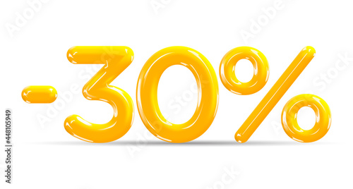 30 percent Off. Discount creative composition of golden or yellow balloons. 3d mega sale or thirty percent bonus symbol on white background. Sale banner and poster. Vector illustration.