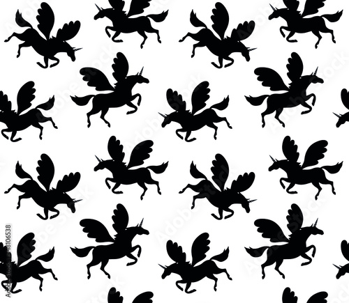 Vector seamless pattern of flat pegasus unicorn silhouette isolated on white background © Sweta