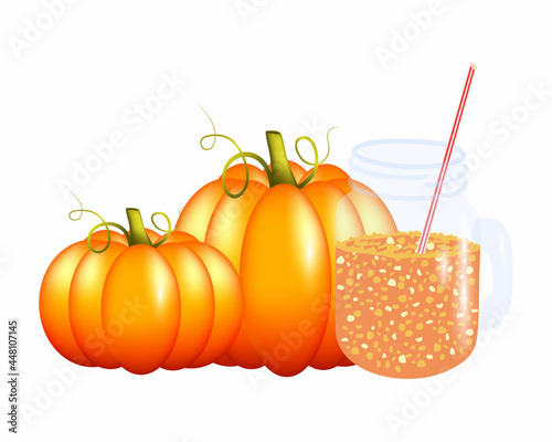 Ripe orange cute pumpkins and pumpkin fresh juice in a glass jar with a handle and straws. Glass with pumpkin juice isolated on a white background. Vector illustration.