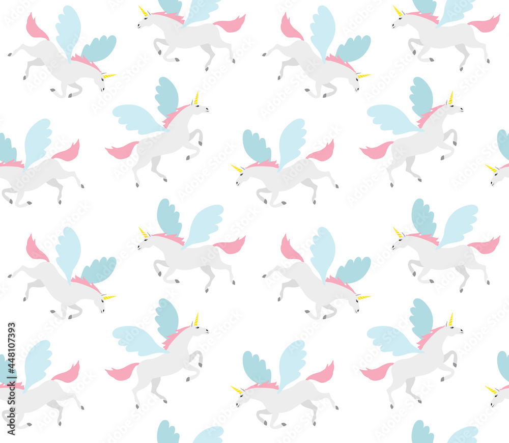 Vector seamless pattern of flat cartoon pegasus unicorn isolated on white background