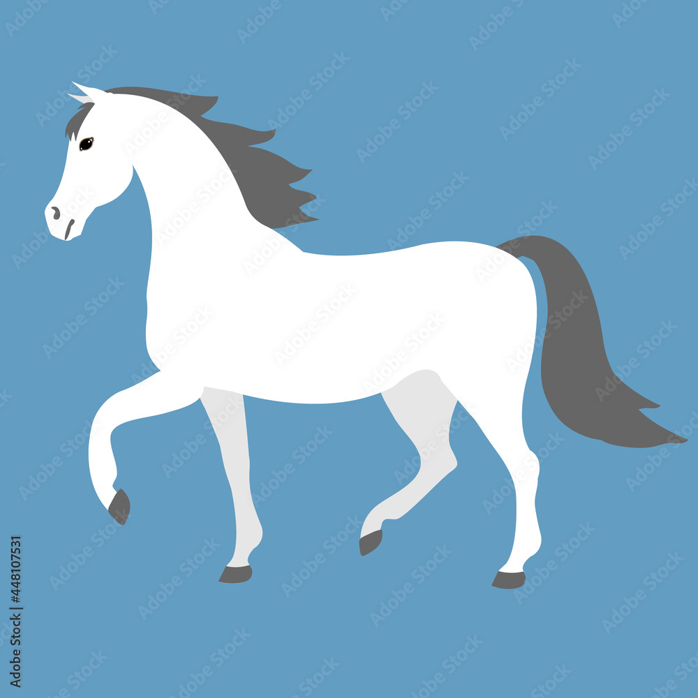 Vector flat cartoon white horse isolated on blue background Vector flat cartoon white horse isolated on blue background