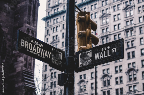 Wall St. street sign in lower Manhattan, New York City.