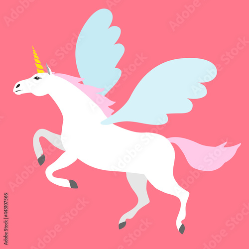 Vector flat cartoon white flying pegasus unicorn isolated on pink background